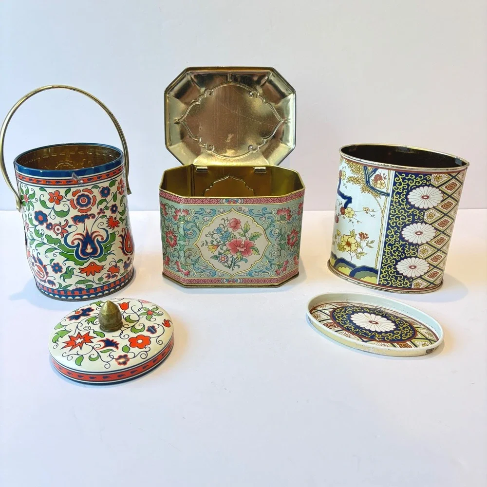 Vintage Metal Tins Set 3 Floral Chinoiserie Storage Boxes England USA Small